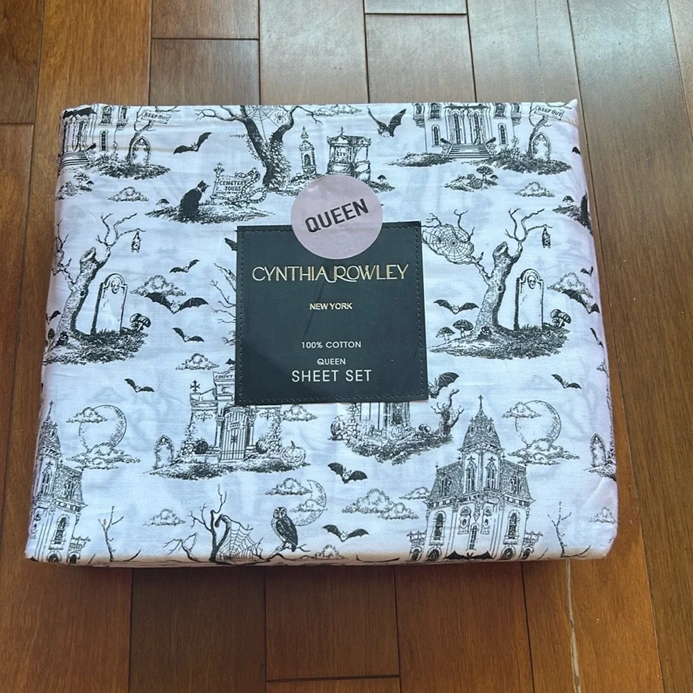 CYNTHIA ROWLEY New Halloween Haunted Toile Black White Queen Sheet Set 4PC